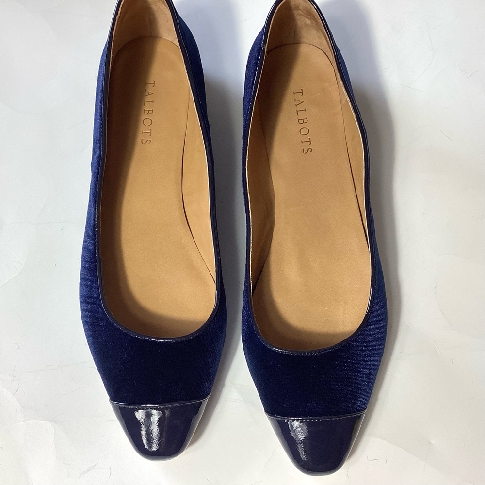 Talbots Navy Blue Velvet & Leather Cap Toe Flats Size 11M - Picture 2 of 12